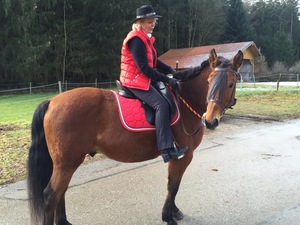 Frau mit Hut auf einem Pferd